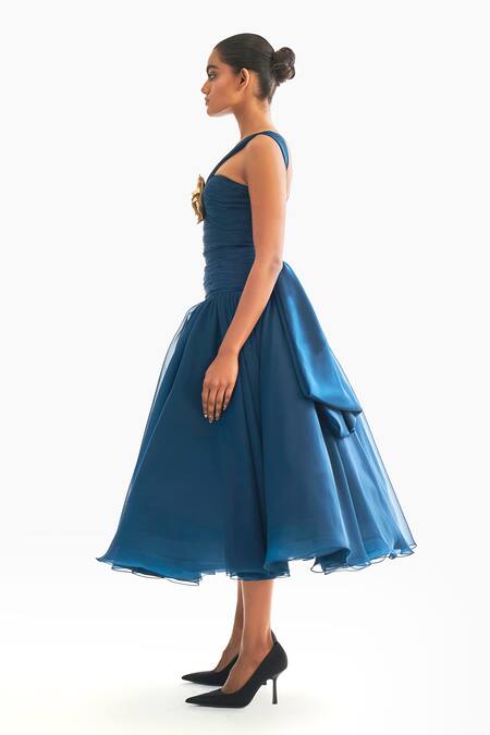 Buy Gauri & Nainika Blue Chiffon Embroidery V-neck Drop Waisted Fluted Midi Dress Online at Aza Fashions Buy_Gauri & Nainika_Blue Chiffon Embroidery V-neck Drop Waisted Fluted Midi Dress _Online_at_Aza_Fashions