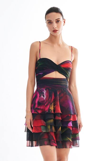 Gauri & Nainika Black Chiffon Embroidery Sweetheart Neck Cutout Bralette Printed Dress Online at Aza Fashions Gauri & Nainika_Black Chiffon Embroidery Sweetheart Neck Cutout Bralette Printed Dress _Online_at_Aza_Fashions