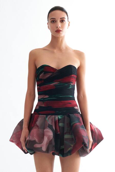 Gauri & Nainika_Pink Organza, Net Sweetheart Neck Strapless Fluted Corset Mini Dress _Online_at_Aza_Fashions