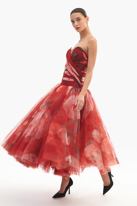 Gauri & Nainika_Pink Net Sweetheart Neck Strapless Draped Drop Waisted Midi Dress _Online_at_Aza_Fashions