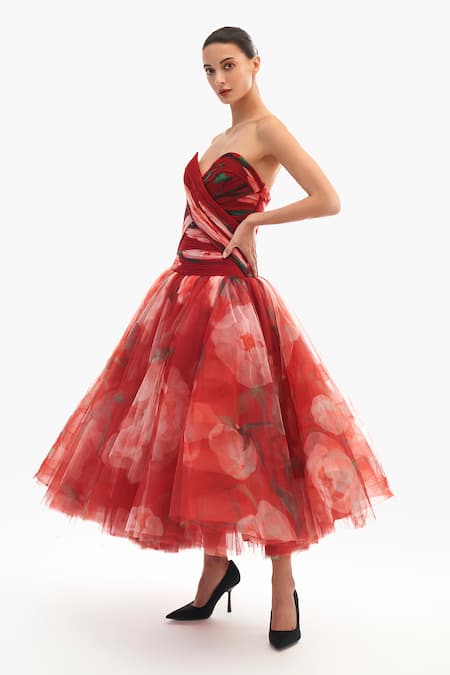 Buy_Gauri & Nainika_Pink Net Sweetheart Neck Strapless Draped Drop Waisted Midi Dress _Online_at_Aza_Fashions