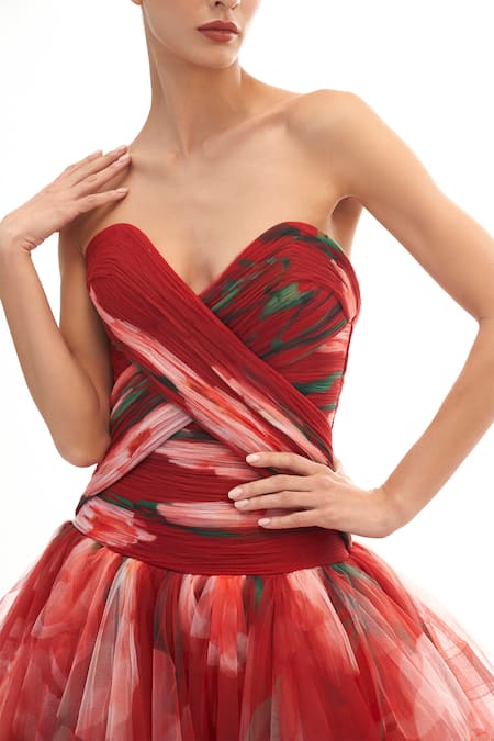 Shop_Gauri & Nainika_Pink Net Sweetheart Neck Strapless Draped Drop Waisted Midi Dress _Online_at_Aza_Fashions