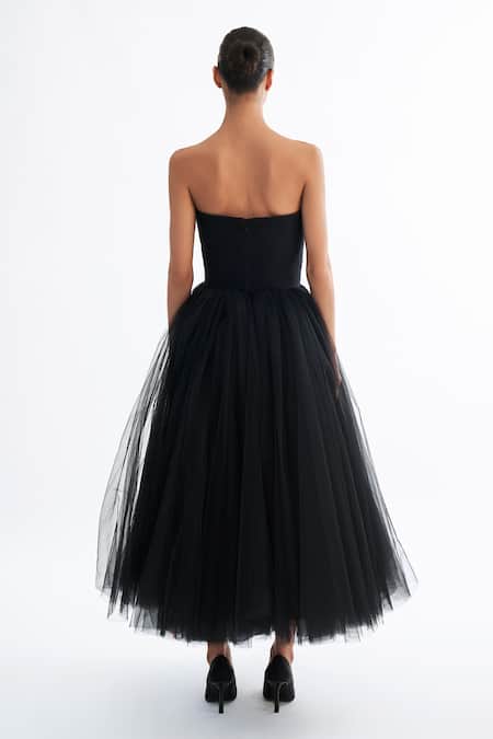Shop Gauri & Nainika Black Net Embroidery Bandeau Neck Strapless Midi Dress at Aza Fashions Shop_Gauri & Nainika_Black Net Embroidery Bandeau Neck Strapless Midi Dress _at_Aza_Fashions