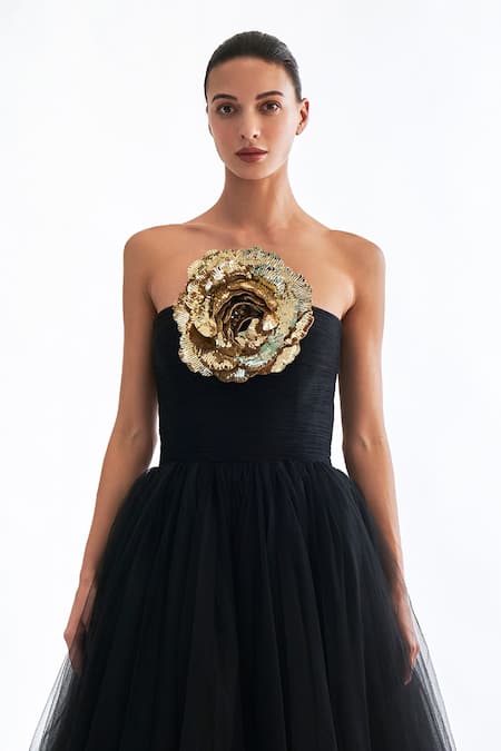 Gauri & Nainika Black Net Embroidery Bandeau Neck Strapless Midi Dress Online at Aza Fashions Gauri & Nainika_Black Net Embroidery Bandeau Neck Strapless Midi Dress _Online_at_Aza_Fashions