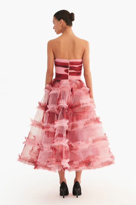 Shop Gauri & Nainika Pink Net Ruffles Bandeau Neck Strapless Tube Midi Dress at Aza Fashions Shop_Gauri & Nainika_Pink Net Ruffles Bandeau Neck Strapless Tube Midi Dress _at_Aza_Fashions