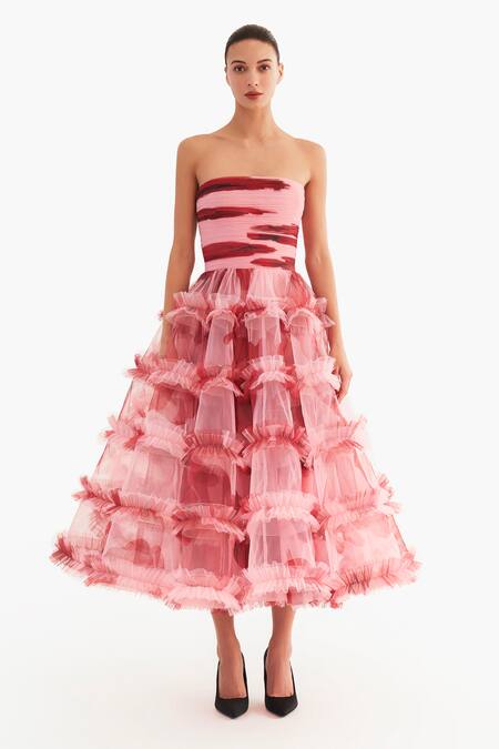 Gauri & Nainika Pink Net Ruffles Bandeau Neck Strapless Tube Midi Dress Online at Aza Fashions Gauri & Nainika_Pink Net Ruffles Bandeau Neck Strapless Tube Midi Dress _Online_at_Aza_Fashions