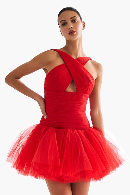 Gauri & Nainika_Red Net Crew Neck Cutout Drop Waisted Short Dress _Online_at_Aza_Fashions