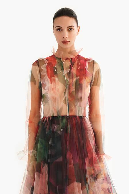 Gauri & Nainika_Black Net Collared October Print Midi Dress _Online_at_Aza_Fashions