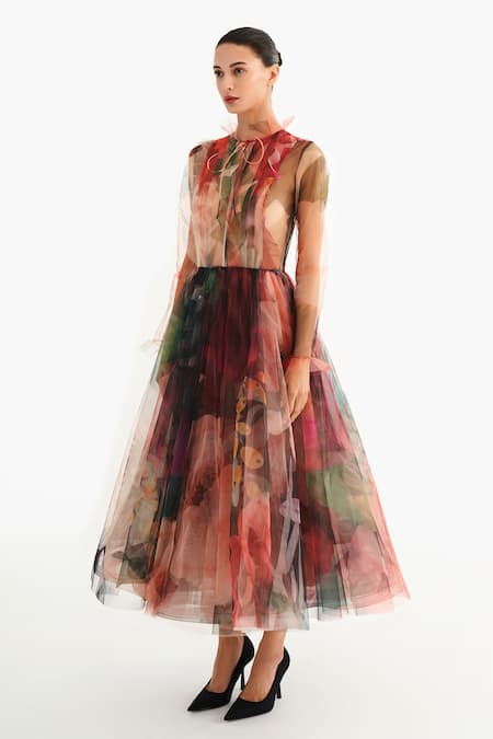 Buy_Gauri & Nainika_Black Net Collared October Print Midi Dress _Online_at_Aza_Fashions