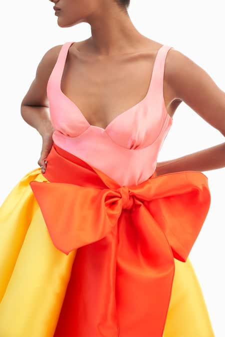 Gauri & Nainika_Pink Microfiber Bows Sweetheart Neck Cutout Bralette Printed Dress _Online_at_Aza_Fashions