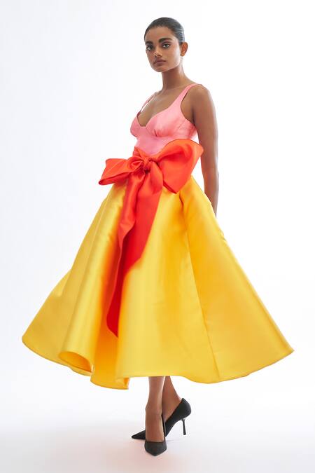 Buy_Gauri & Nainika_Pink Microfiber Bows Sweetheart Neck Cutout Bralette Printed Dress _Online_at_Aza_Fashions