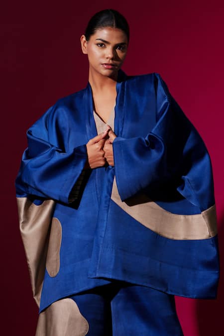 Stoique_Blue Satin Linen Embroidery Applique Band Collar Chia Oversized Jacket _Online_at_Aza_Fashions