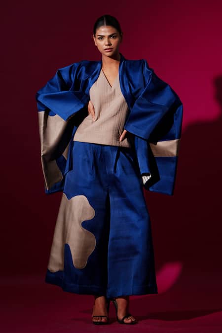 Buy_Stoique_Blue Satin Linen Embroidery Applique Band Collar Chia Oversized Jacket _Online_at_Aza_Fashions