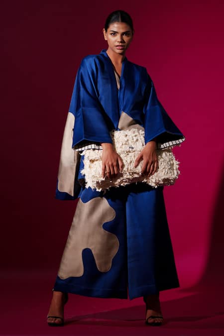 Shop_Stoique_Blue Satin Linen Embroidery Applique Band Collar Chia Oversized Jacket _Online_at_Aza_Fashions