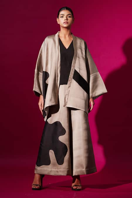 Stoique_Black Satin Linen Embroidery Applique Band Collar Chia Kimono Style Jacket _Online_at_Aza_Fashions