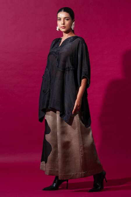 Stoique_Black Satin Linen Embroidery Applique Chia Flared Pant _at_Aza_Fashions