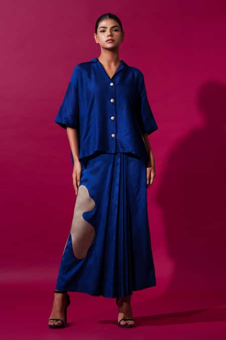 Buy_Stoique_Blue Muslin Applique Flamingo Pleated Skirt _Online_at_Aza_Fashions