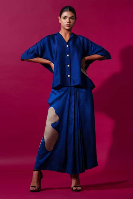 Shop_Stoique_Blue Muslin Applique Flamingo Pleated Skirt _Online_at_Aza_Fashions