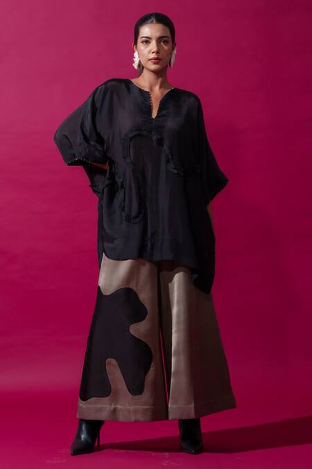 Stoique_Black Silk Pearls Split V-neck Flamingo Embroidered Asymmetric Kaftan _Online_at_Aza_Fashions