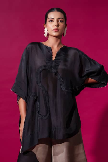 Shop_Stoique_Black Silk Pearls Split V-neck Flamingo Embroidered Asymmetric Kaftan _Online_at_Aza_Fashions