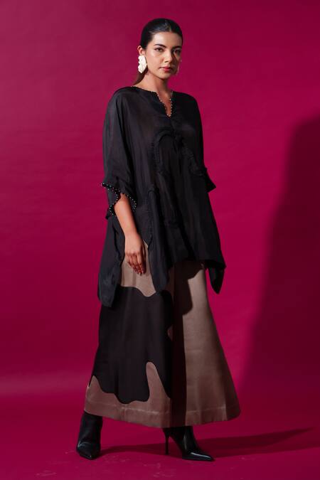 Stoique_Black Silk Pearls Split V-neck Flamingo Embroidered Asymmetric Kaftan _at_Aza_Fashions