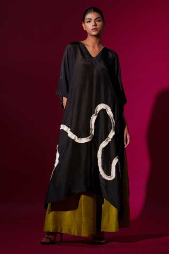 Stoique_Black Upada Silk Embroidery Pearl V-neck Flamingo Asymmetric Tunic _Online_at_Aza_Fashions