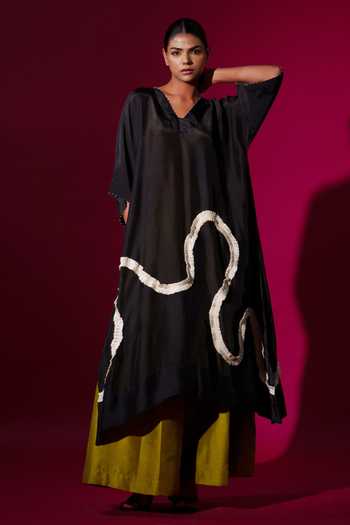 Buy_Stoique_Black Upada Silk Embroidery Pearl V-neck Flamingo Asymmetric Tunic _Online_at_Aza_Fashions