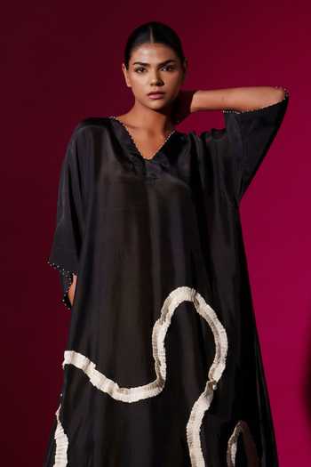 Shop Stoique Black Upada Silk Embroidery Pearl V-neck Flamingo Asymmetric Tunic Online at Aza Fashions Shop_Stoique_Black Upada Silk Embroidery Pearl V-neck Flamingo Asymmetric Tunic _Online_at_Aza_Fashions