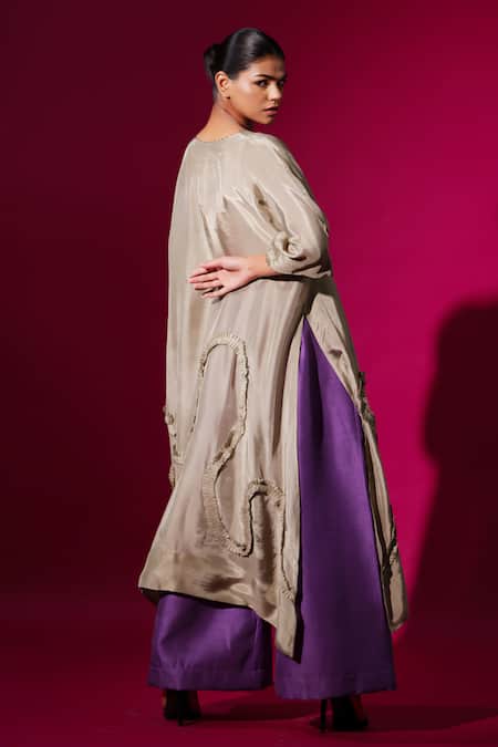 Shop_Stoique_Grey Upada Silk Embroidery Pearl V-neck Flamingo A-line Tunic _at_Aza_Fashions