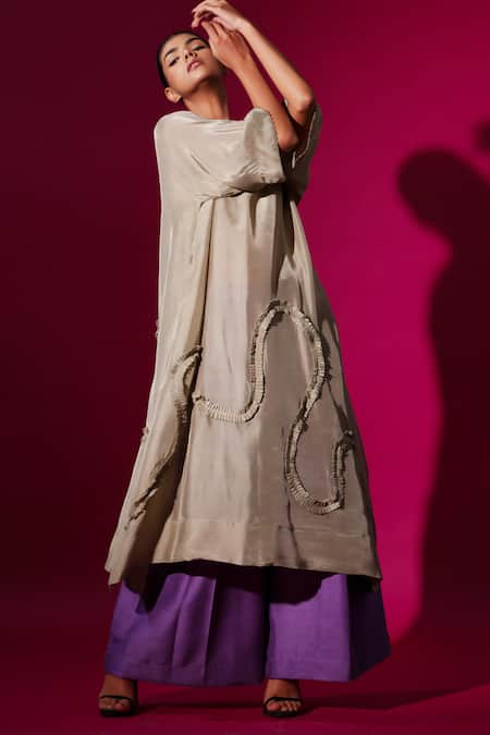 Buy_Stoique_Grey Upada Silk Embroidery Pearl V-neck Flamingo A-line Tunic _Online_at_Aza_Fashions