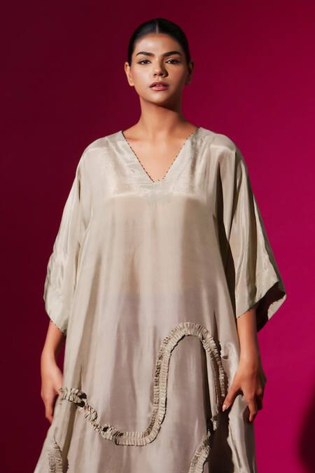 Buy Stoique Grey Upada Silk Embroidery Pearl V-neck Flamingo A-line Tunic Buy_Stoique_Grey Upada Silk Embroidery Pearl V-neck Flamingo A-line Tunic