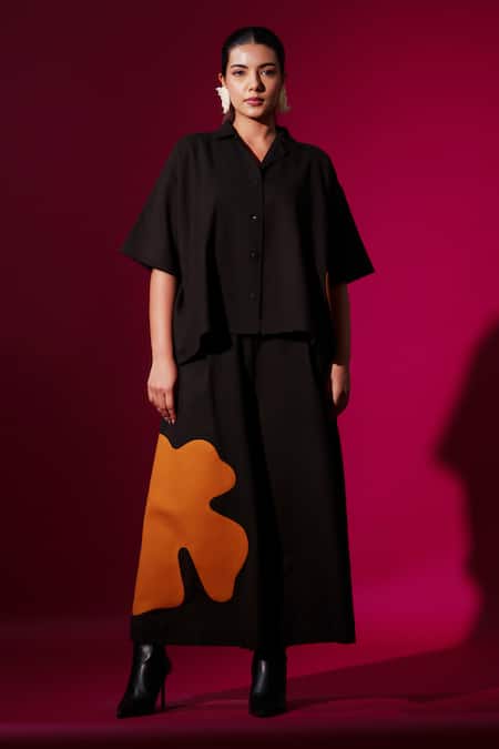 Stoique_Orange Cotton Applique Cumin Embroidered Flared Pant _Online_at_Aza_Fashions