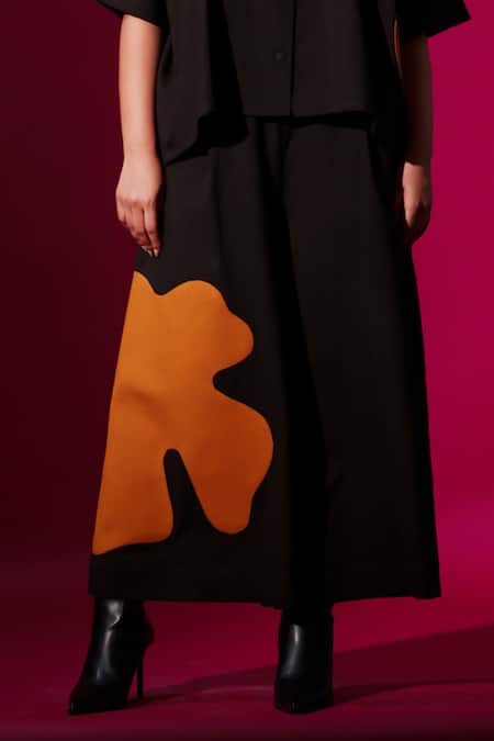 Buy_Stoique_Orange Cotton Applique Cumin Embroidered Flared Pant _Online_at_Aza_Fashions