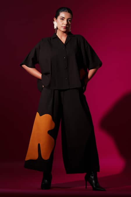 Shop_Stoique_Orange Cotton Applique Cumin Embroidered Flared Pant _Online_at_Aza_Fashions