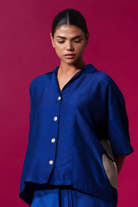 Shop_Stoique_Blue Muslin Applique Collared Gunpowder Embroidered Oversized Shirt _Online_at_Aza_Fashions