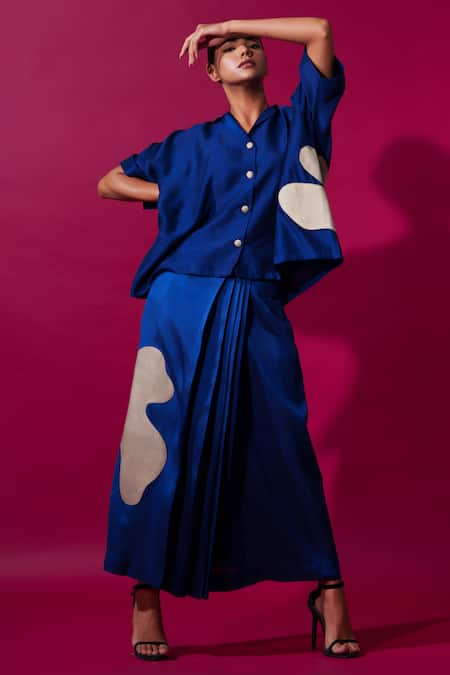 Stoique_Blue Muslin Applique Collared Gunpowder Embroidered Oversized Shirt _at_Aza_Fashions