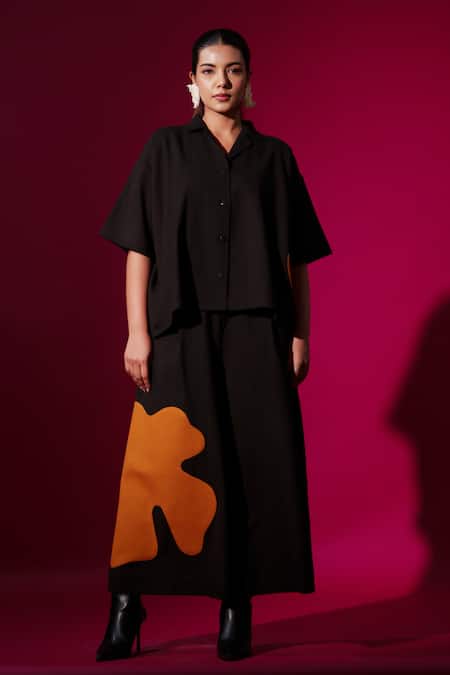 Stoique_Black Cotton Applique Collared Gunpowder Oversized Shirt _Online_at_Aza_Fashions