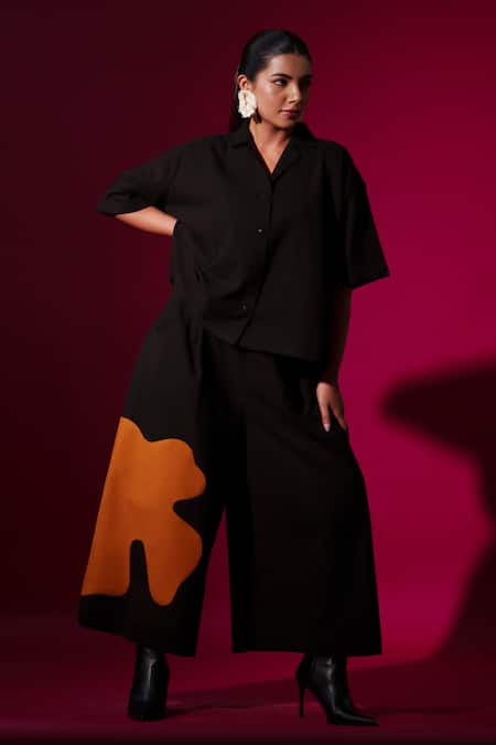 Stoique_Black Cotton Applique Collared Gunpowder Oversized Shirt _at_Aza_Fashions