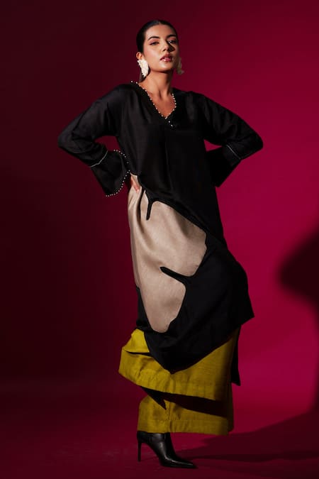 Stoique_Black Mysore Silk Embroidered Applique V Neck Jasper Contrast Detailed Tunic _at_Aza_Fashions