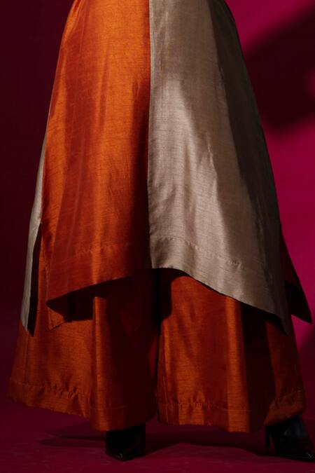 Shop Stoique Orange Mysore Silk Solid Lucky Pleated Flared Pant Online at Aza Fashions Shop_Stoique_Orange Mysore Silk Solid Lucky Pleated Flared Pant _Online_at_Aza_Fashions