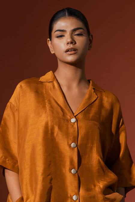 Stoique_Orange Muslin Applique Collared Podi Oversized Shirt _Online_at_Aza_Fashions