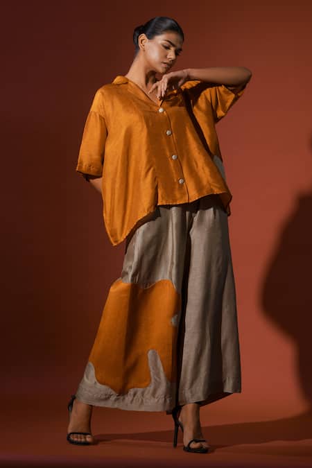 Buy_Stoique_Orange Muslin Applique Collared Podi Oversized Shirt _Online_at_Aza_Fashions