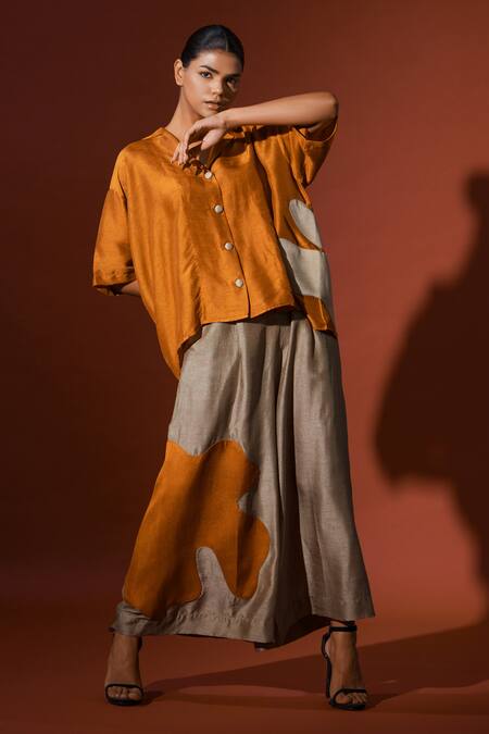 Stoique_Orange Muslin Applique Collared Podi Oversized Shirt _at_Aza_Fashions