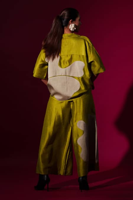 Shop_Stoique_Green Muslin Applique Collared Podi Detailed Shirt _at_Aza_Fashions