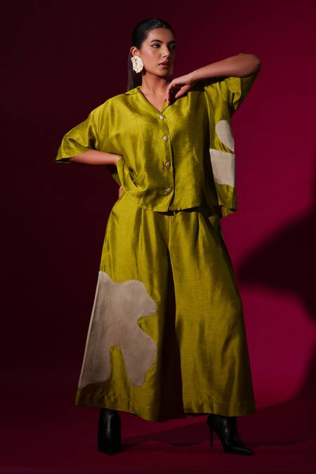 Shop_Stoique_Green Muslin Applique Collared Podi Detailed Shirt _Online_at_Aza_Fashions