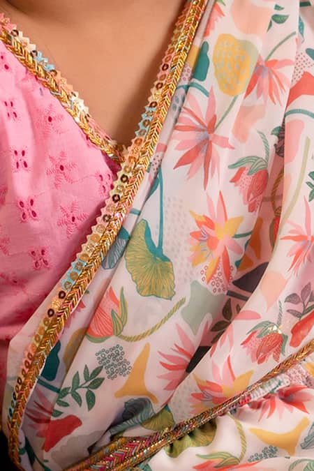 Petite Pomme_Multi Color Georgette Embroidery, Floral Print Pre-draped Saree With Blouse _Online_at_Aza_Fashions