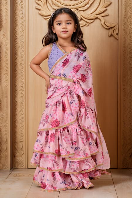 Samyukta Singhania Floral Print Ruffle Tiered Pre-Draped Saree With Blouse 