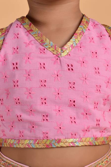 Buy_Petite Pomme_Pink Georgette Sequins, Gota Floral Ruffle Tiered Pre-draped Saree With Blouse _Online_at_Aza_Fashions