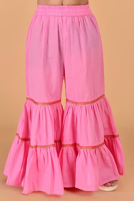 Samyukta Singhania_Pink Cotton Embroidery, Lace Floral Printed Ruffle Shrug And Sharara Set_at_Aza_Fashions