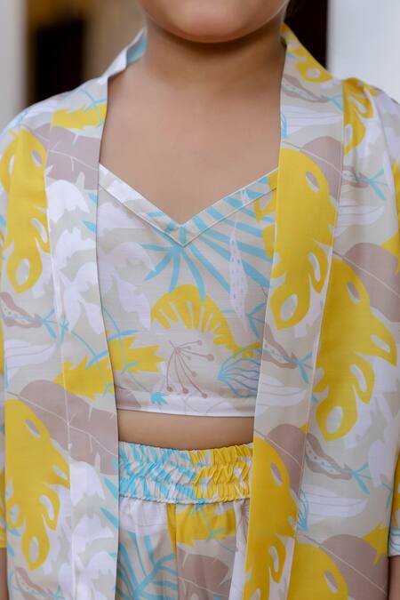 Shop_Samyukta Singhania_Yellow Muslin Floral Printed Shrug And Shorts Set_Online_at_Aza_Fashions